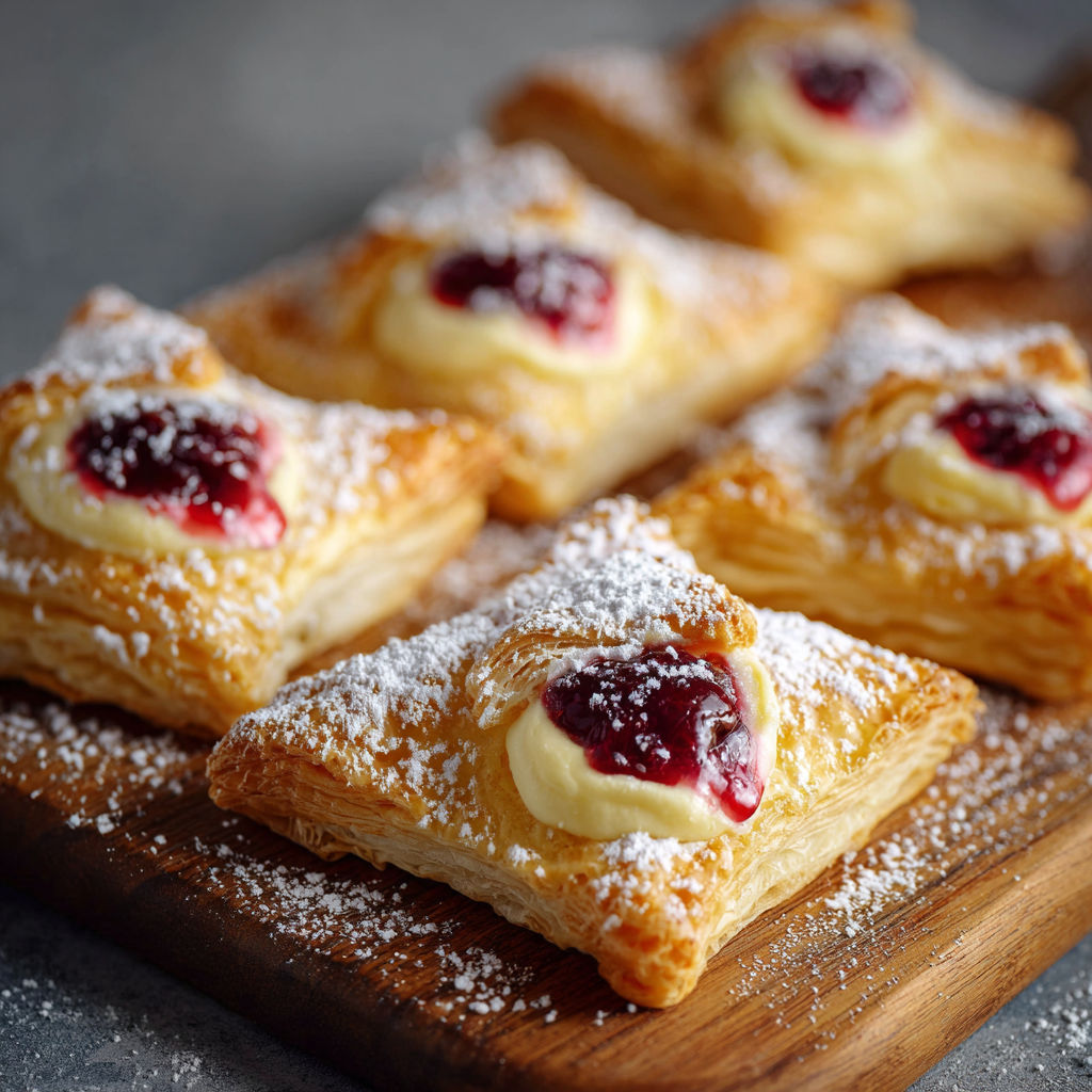 A plate of pastries with jelly and powdered sugar.