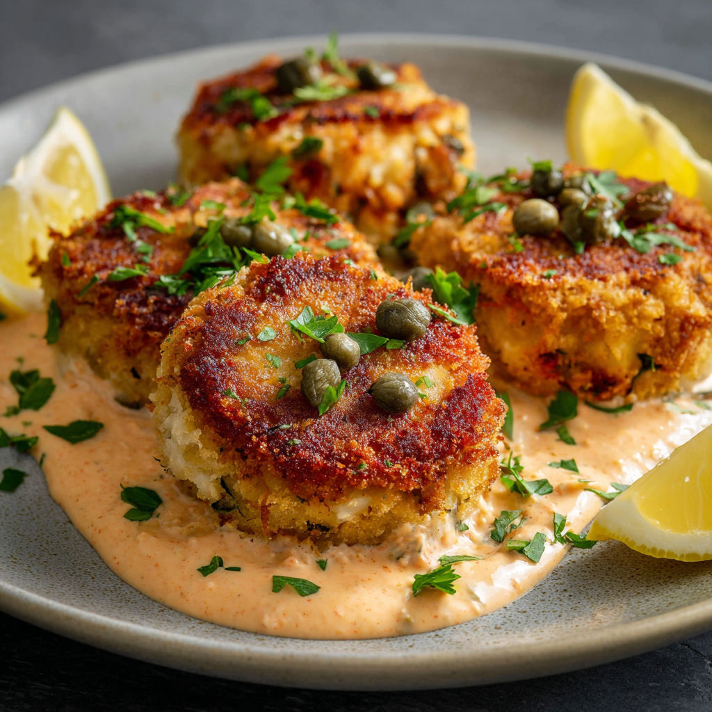 A plate of fish cakes with a tomato sauce.