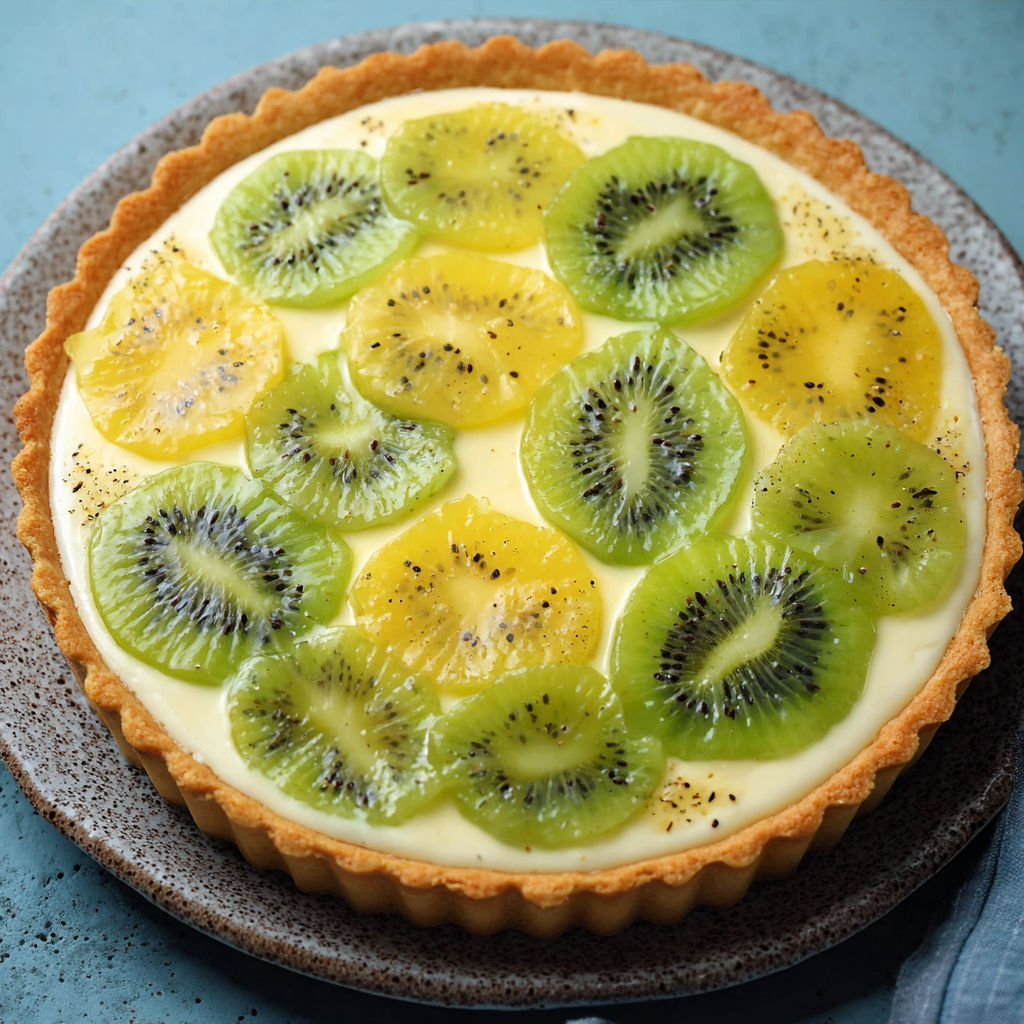 A slice of kiwi pie with kiwi slices on top.