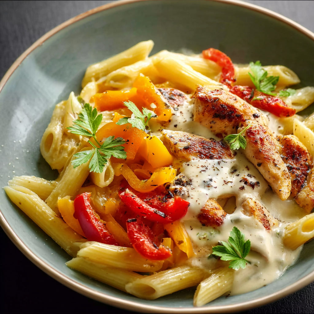 A plate of pasta with chicken and peppers.