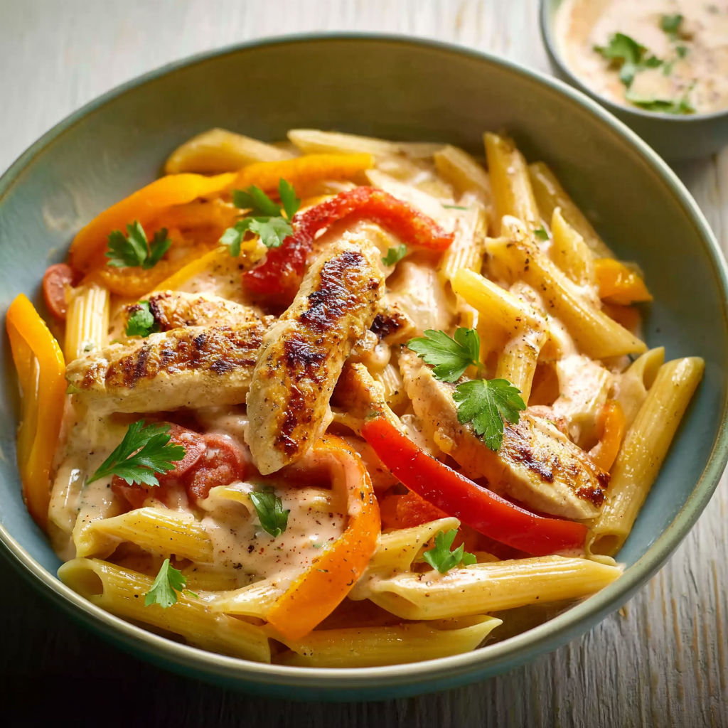 A bowl of pasta with chicken and peppers.