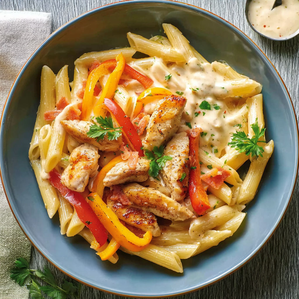 A plate of pasta with chicken and peppers.