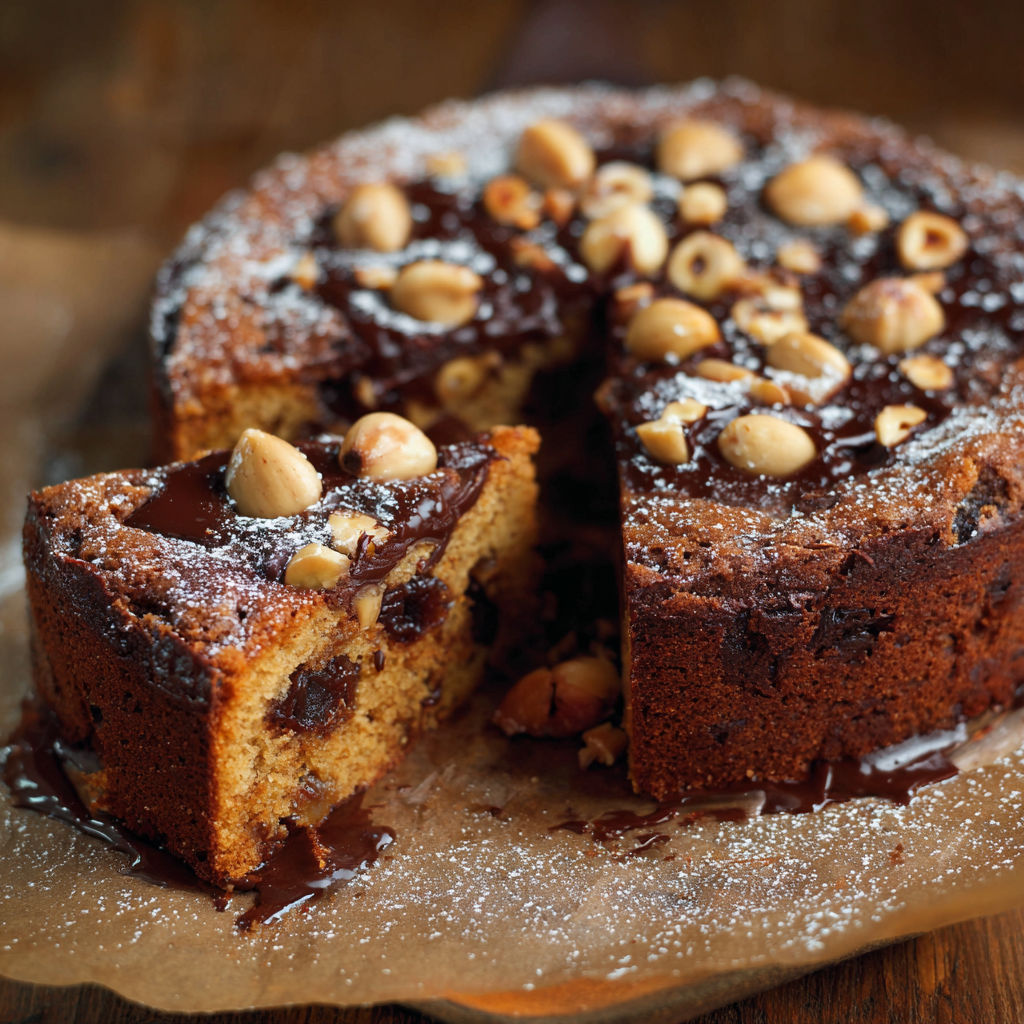 A slice of chocolate cake with nuts on top.