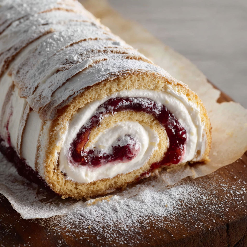 A roll of pastry with a white frosting and red jam.