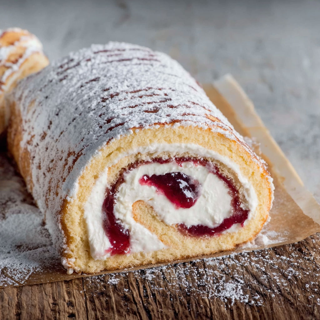 A roll of pastry with white frosting and red jam.