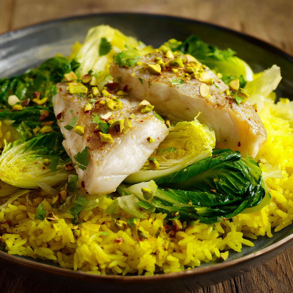 A plate of fish with rice and herbs.