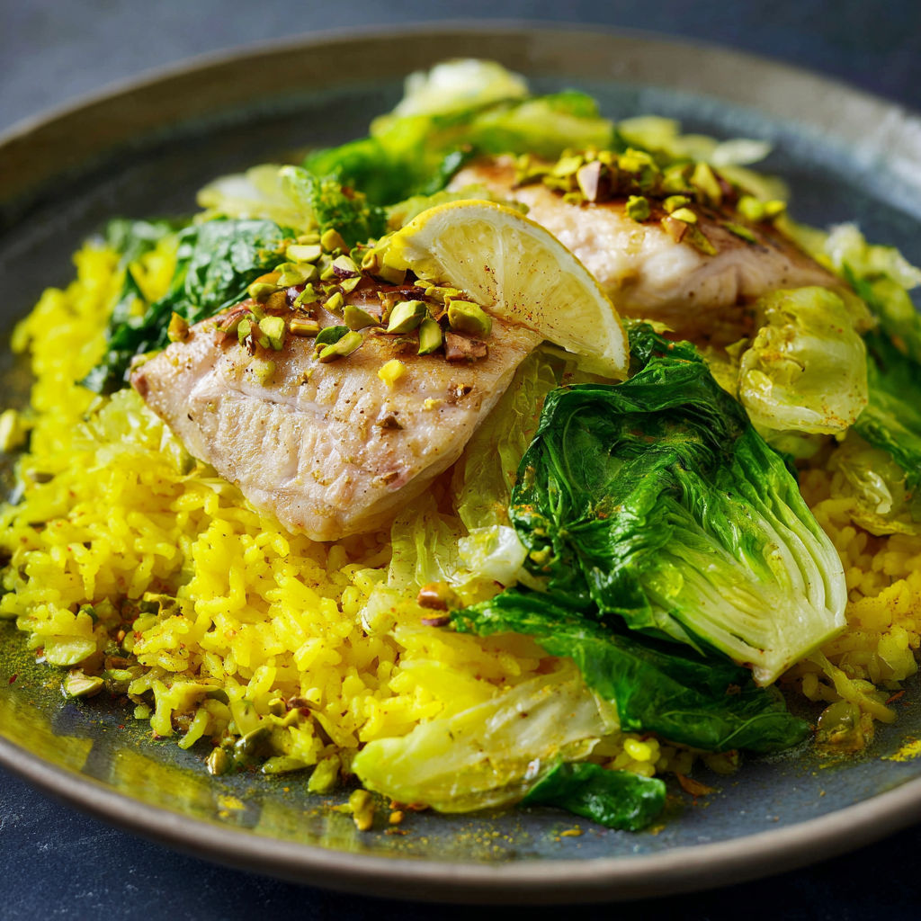 A plate of fish with lemon and saffron.