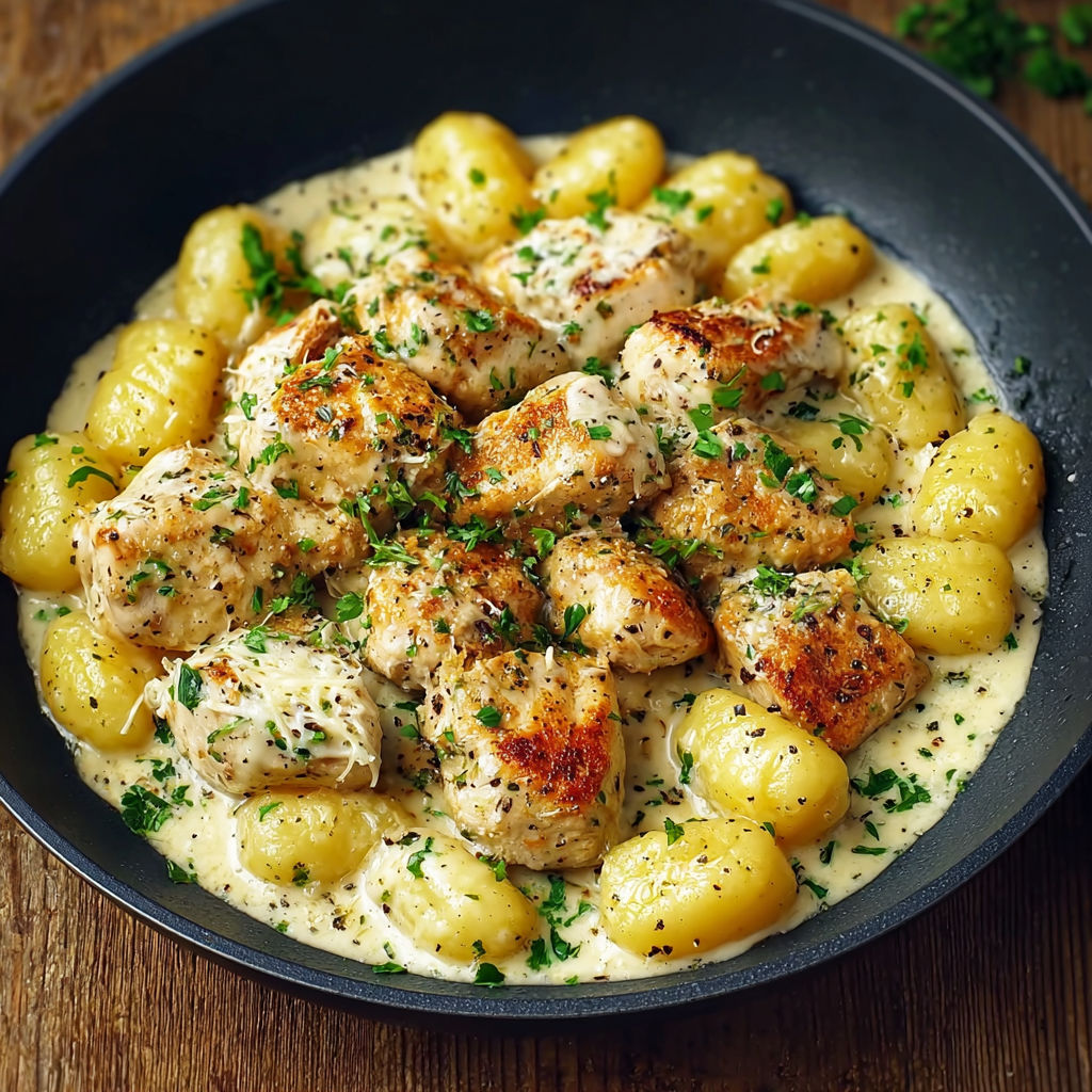 A bowl of food with chicken and potatoes.