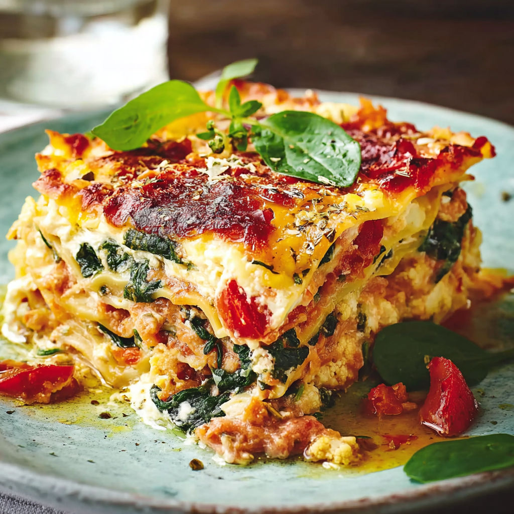 A dish of lasagna with spinach and broccoli.