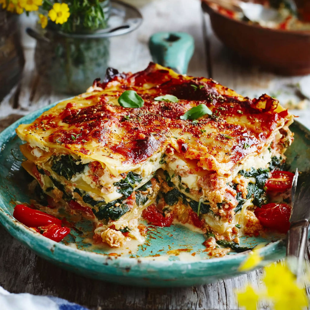 A plate of lasagna with spinach and tomatoes.
