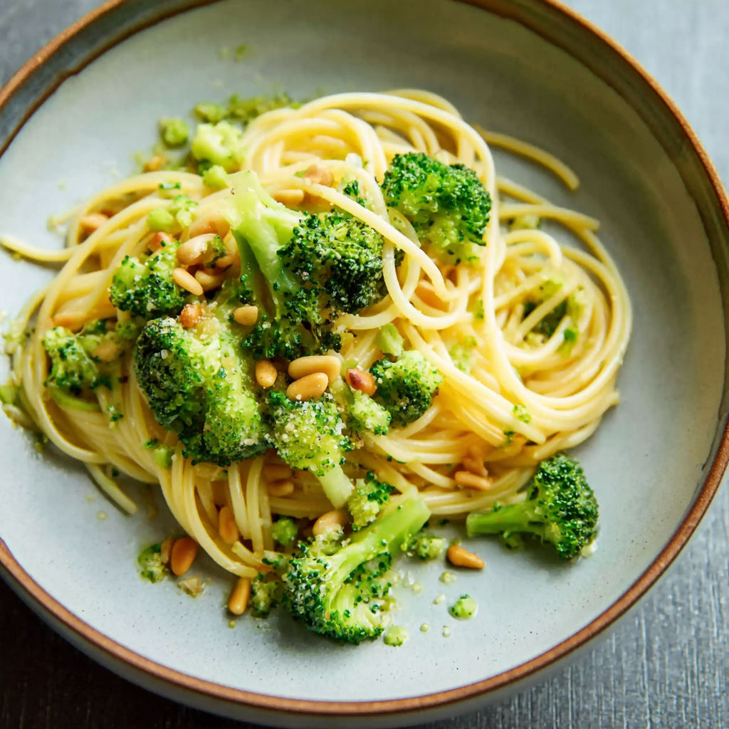 A bowl of spaghetti with broccoli and pine nuts.