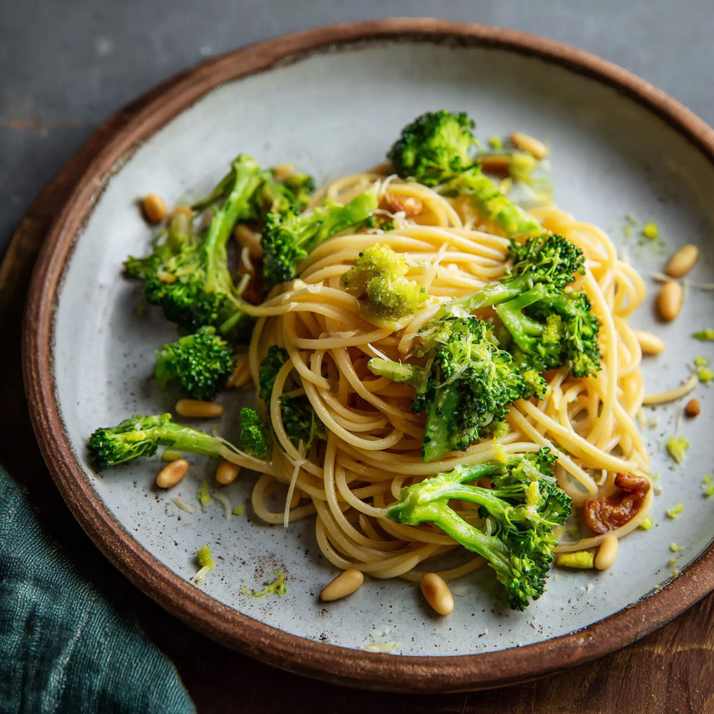 A plate of spaghetti with pine nuts and broccoli.