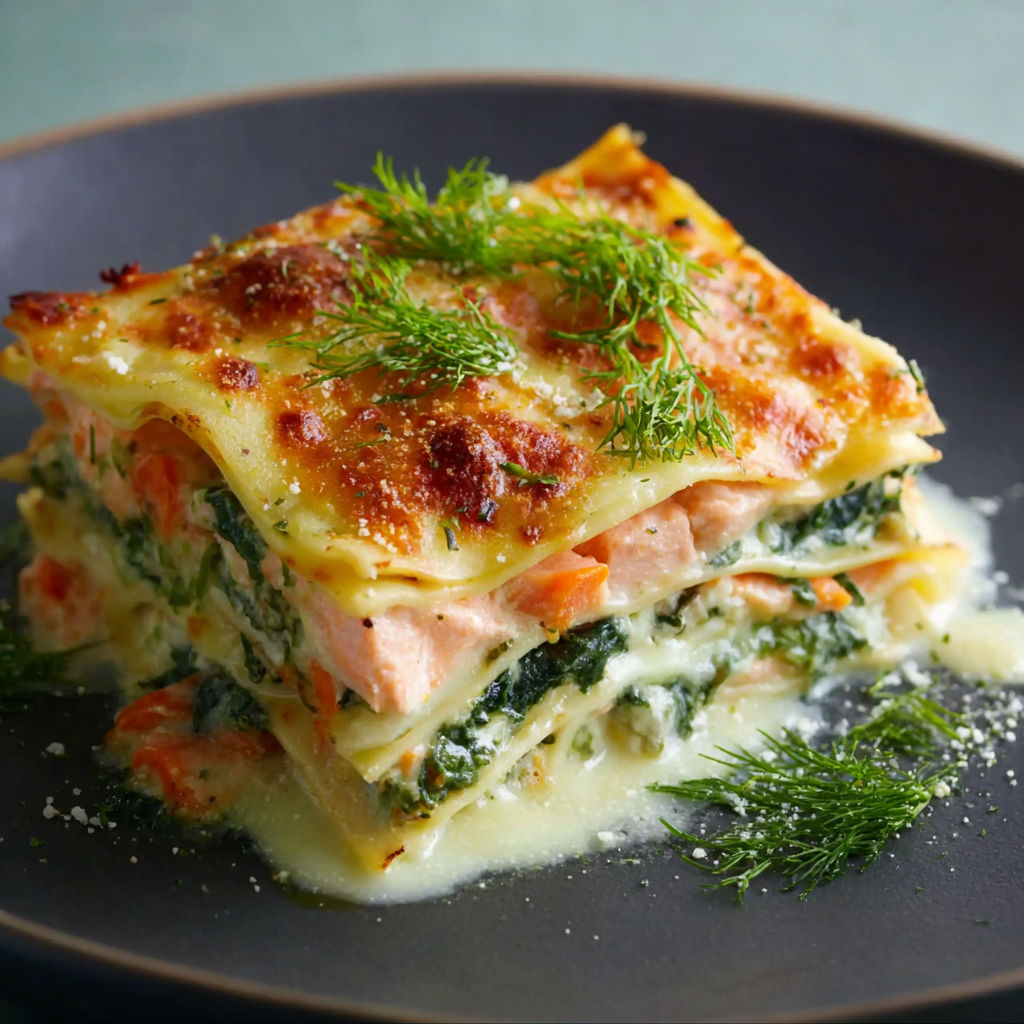A plate of lasagna with spinach and salmon.