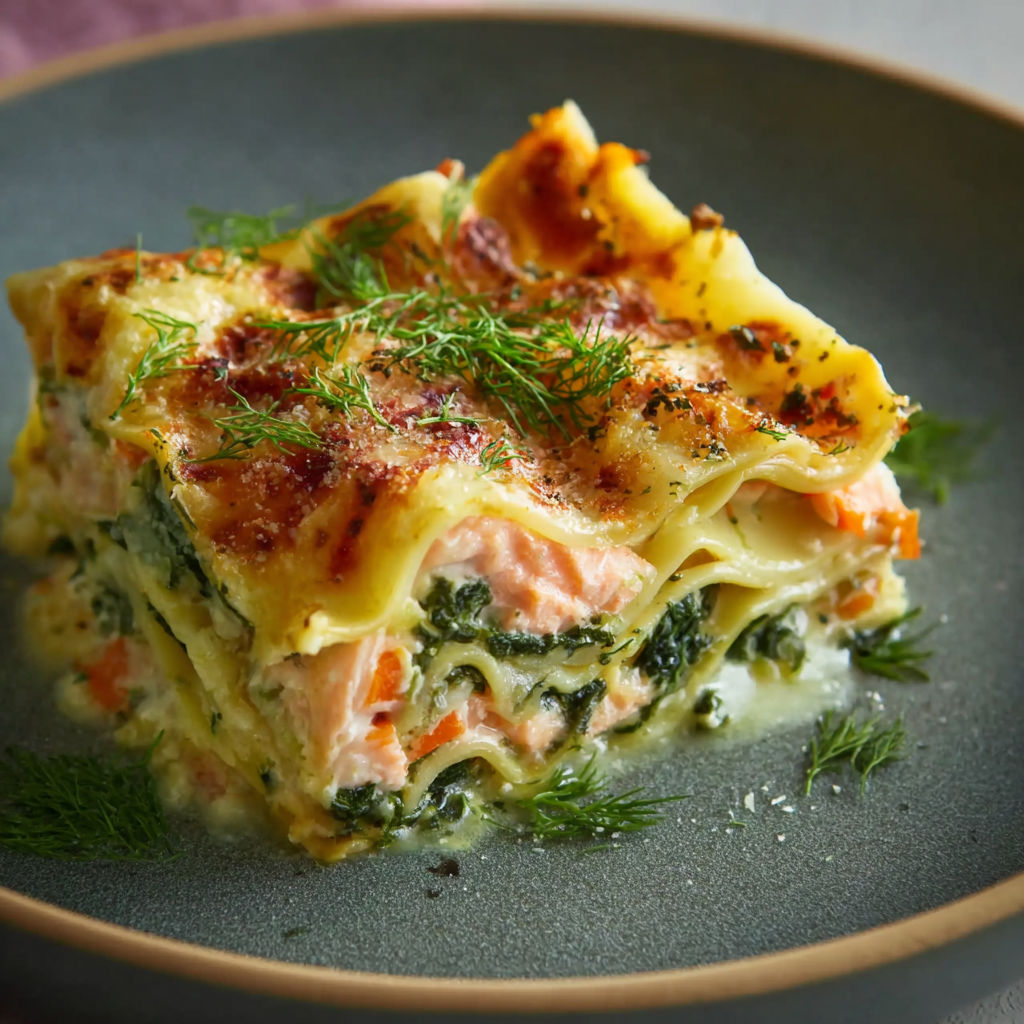 A plate of food with a spinach lasagna on it.