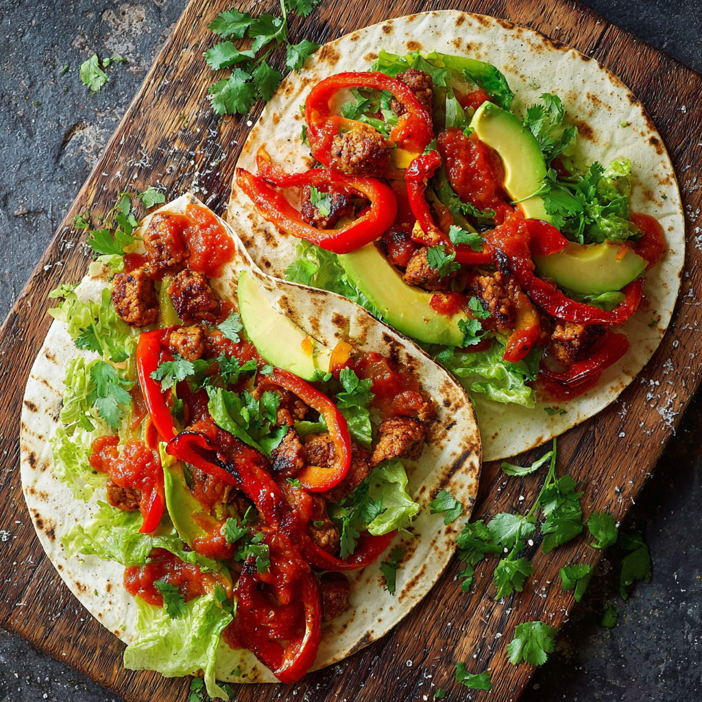 Two tacos with meat, lettuce, and peppers.