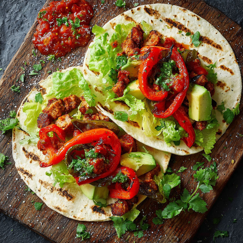 A taco with lettuce, tomato, and peppers.