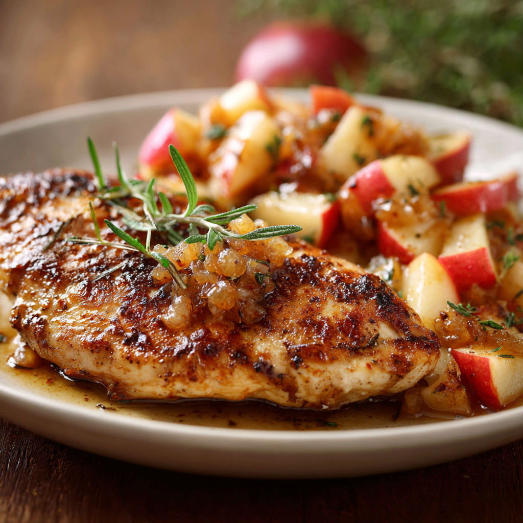 A plate of food with chicken, potatoes, and apples.