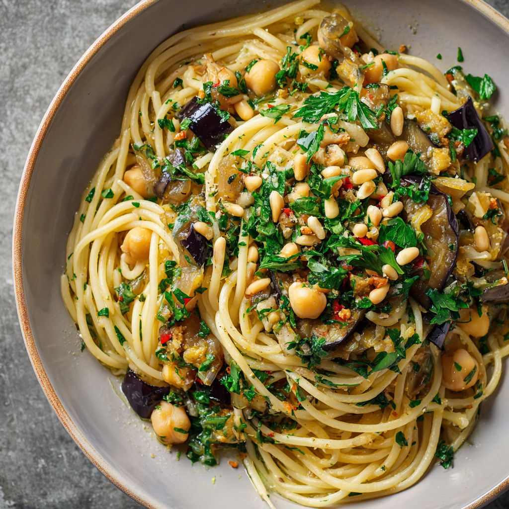 A bowl of pasta with vegetables and nuts.
