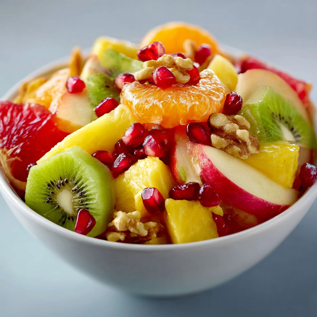 A bowl of fruit with a variety of fruits including kiwi, pineapple, and oranges.