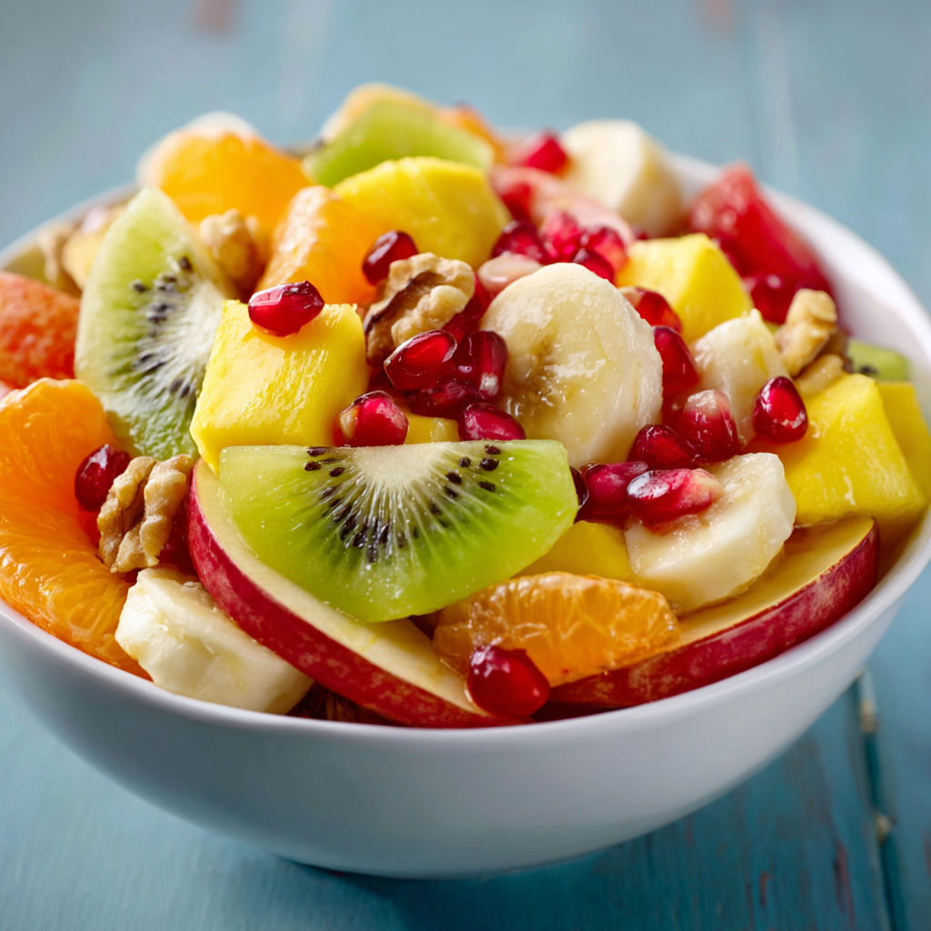 A bowl of fruit with a kiwi, banana, and orange.