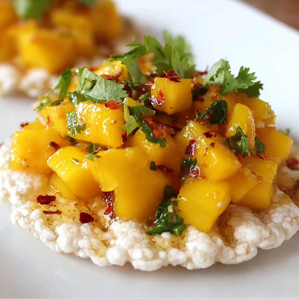 A plate of food with mango chutney on top.