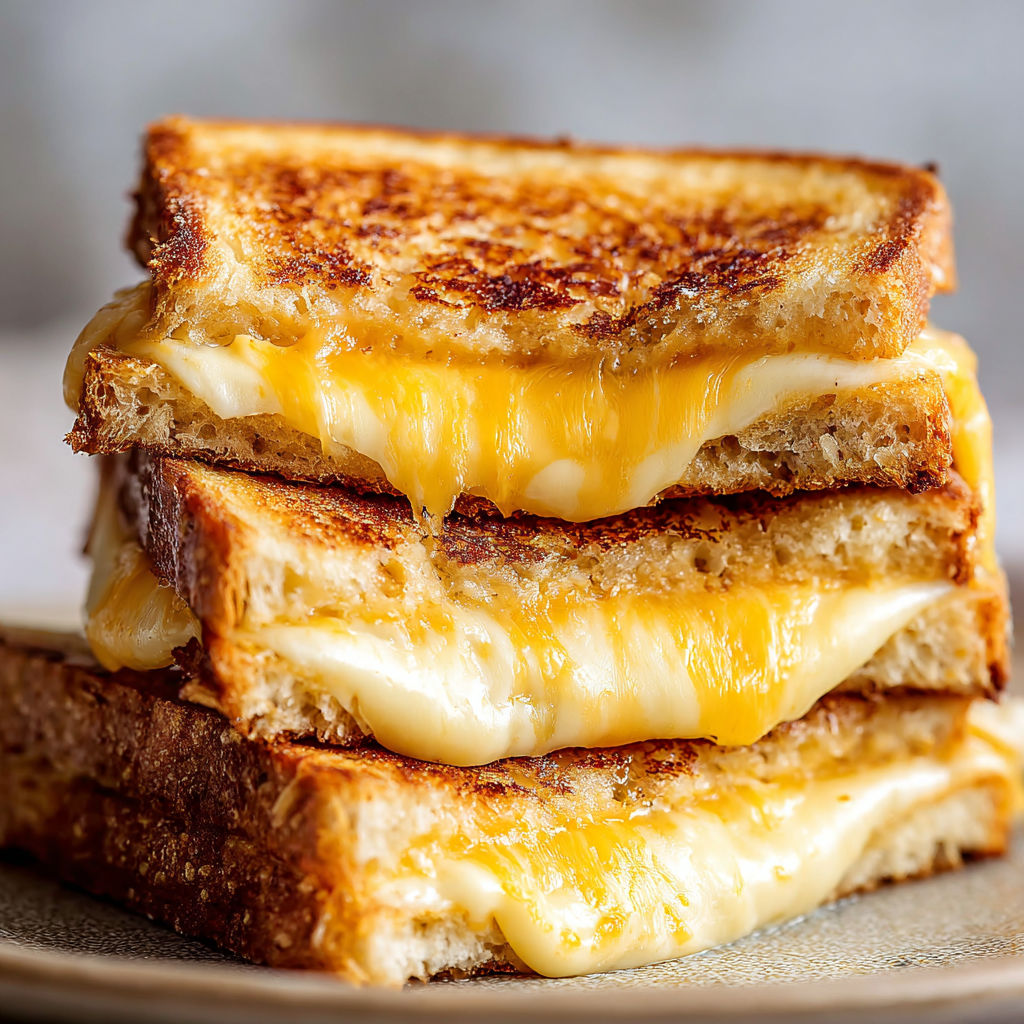 Three grilled cheese sandwiches stacked on a plate.