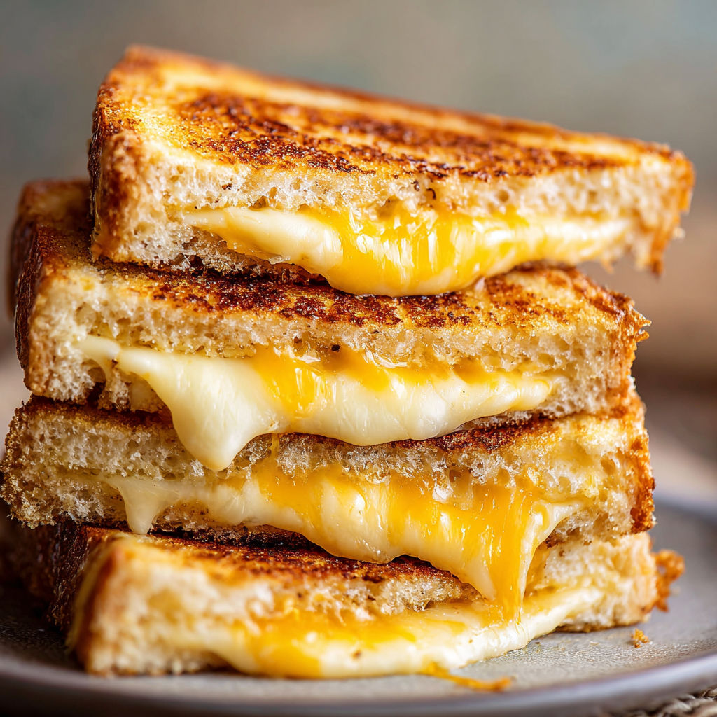 Three grilled cheese sandwiches stacked on a plate.