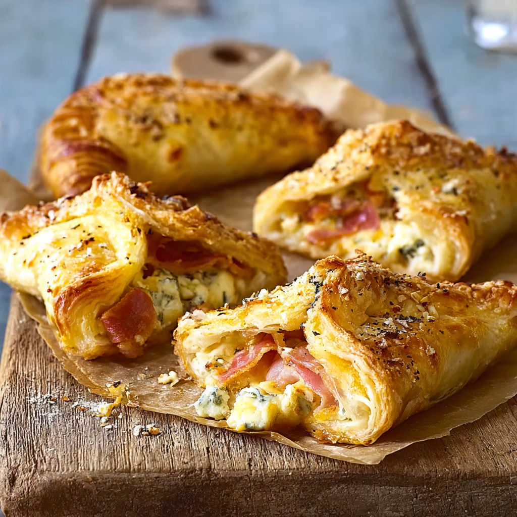 A pastry with bacon and cheese on a table.