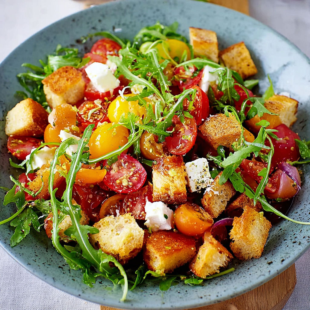 A bowl of salad with tomatoes, cucumbers, and croutons.