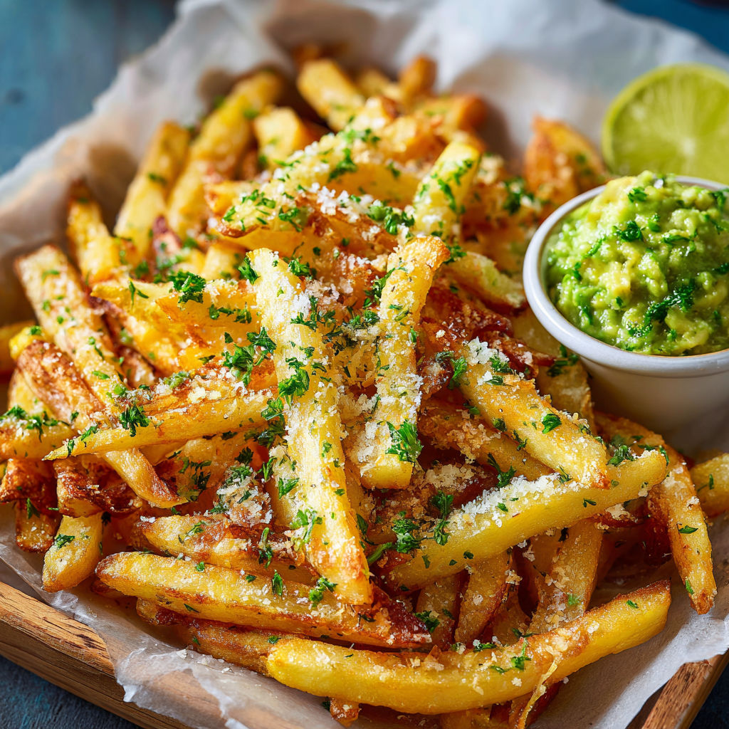 A plate of french fries with Parmesan cheese and a lime wedge.