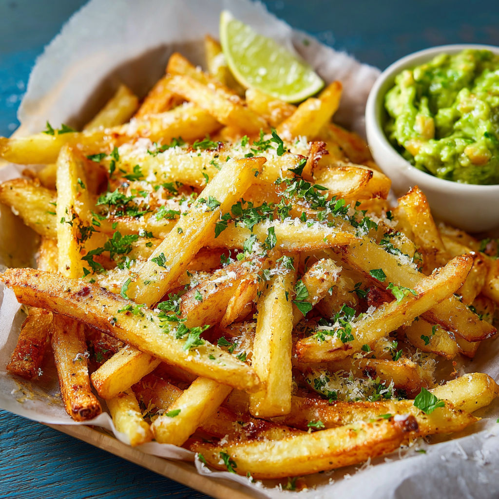 A plate of french fries with cheese and lime.