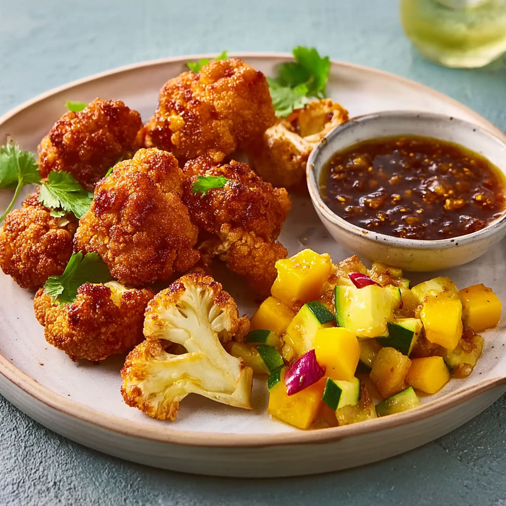 A plate of food with cauliflower, corn, and other vegetables.