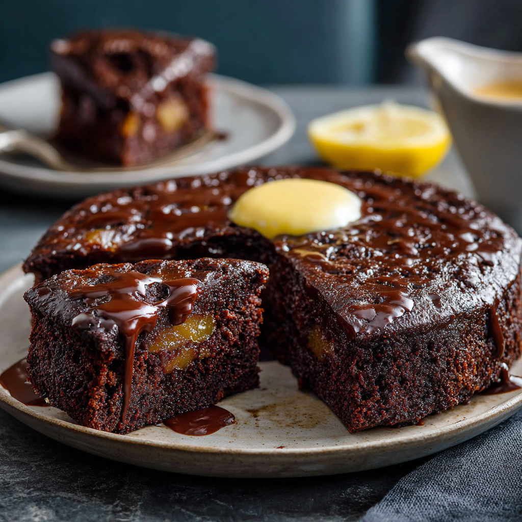 A slice of chocolate cake with a lemon wedge on top.