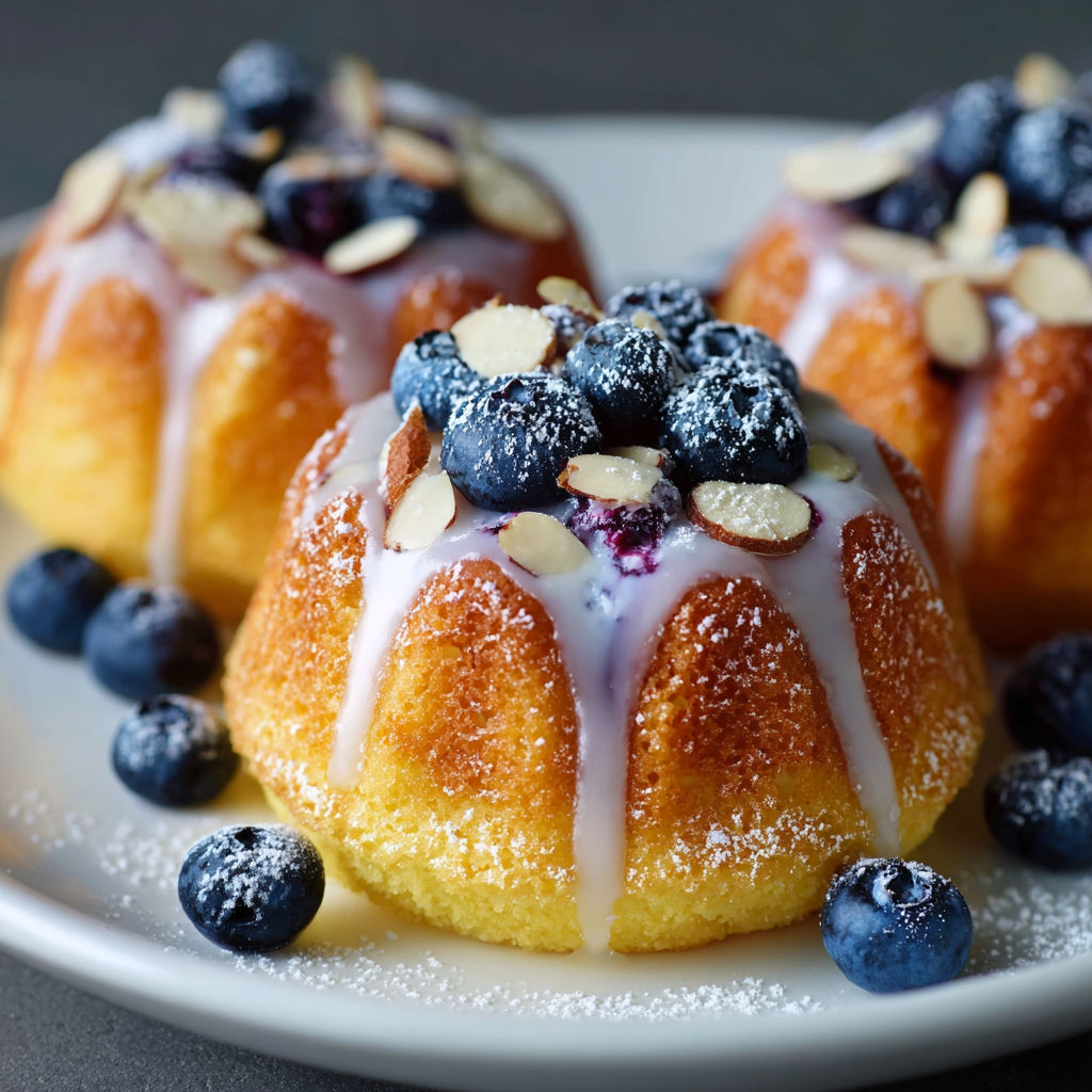 A plate of cake with blueberries on top.