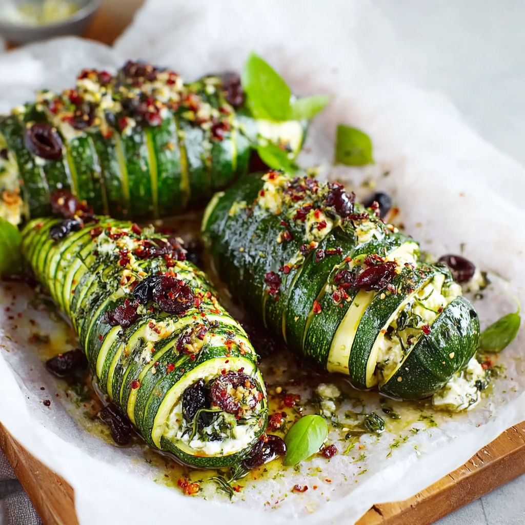 Two zucchini stuffed with cheese and herbs.