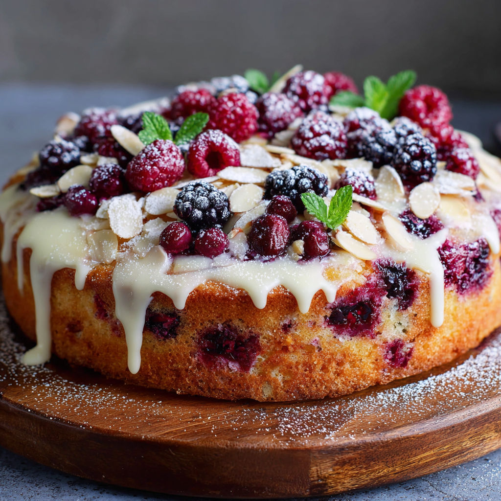 A cake with berries and almonds on top.