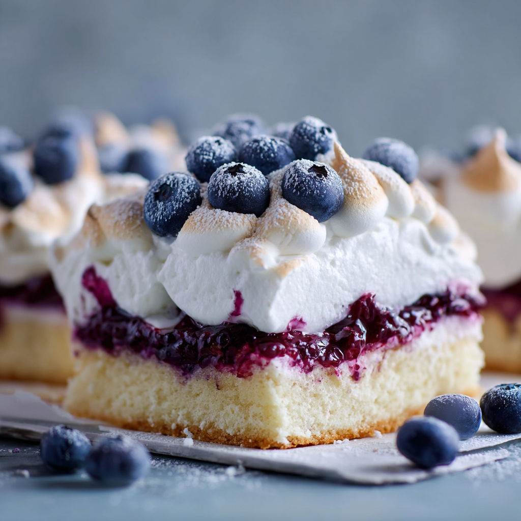 A slice of cake with blueberries on top.