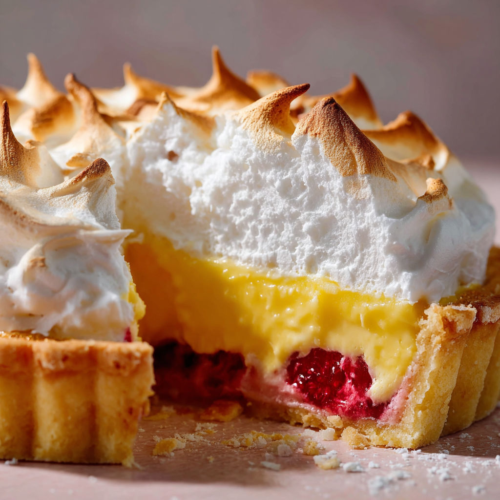 A slice of a zitronen-himbeer-baiser-tarte.