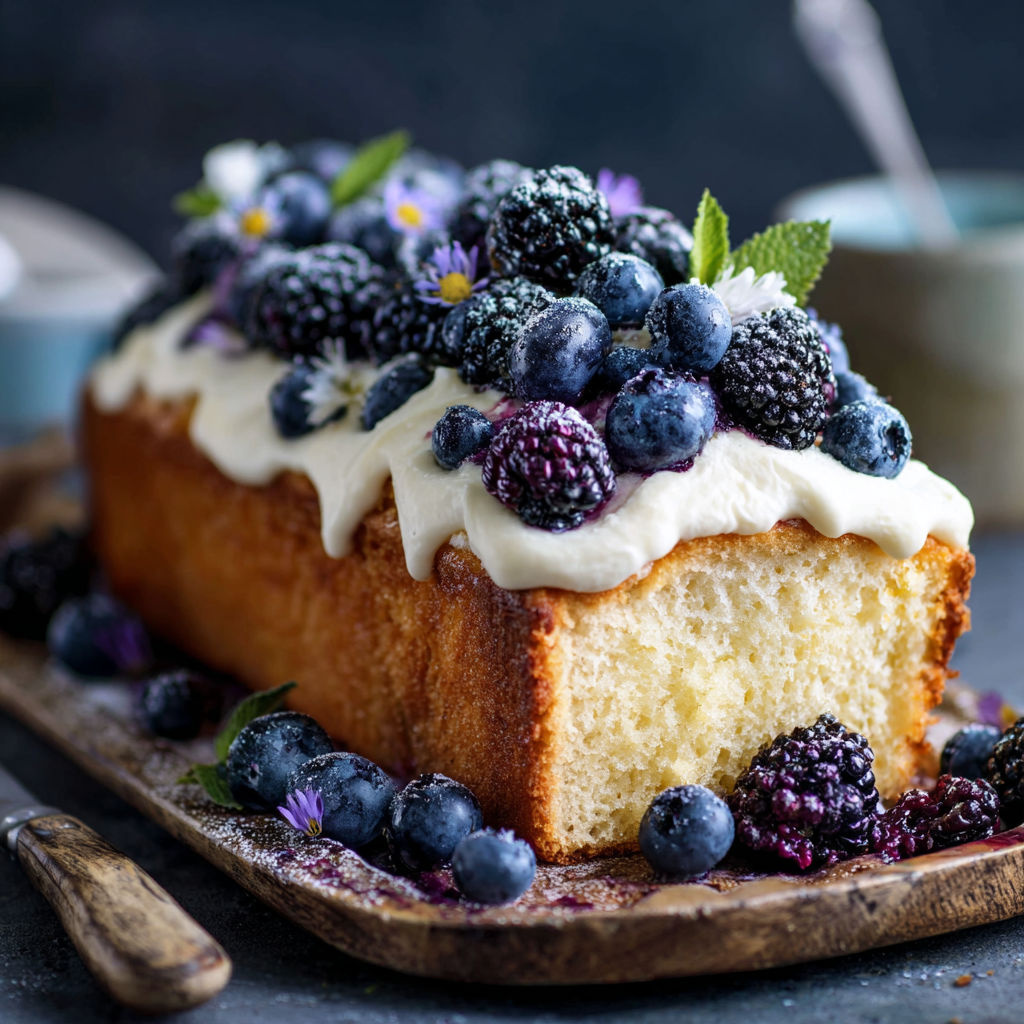 A cake with blueberries and raspberries on top.