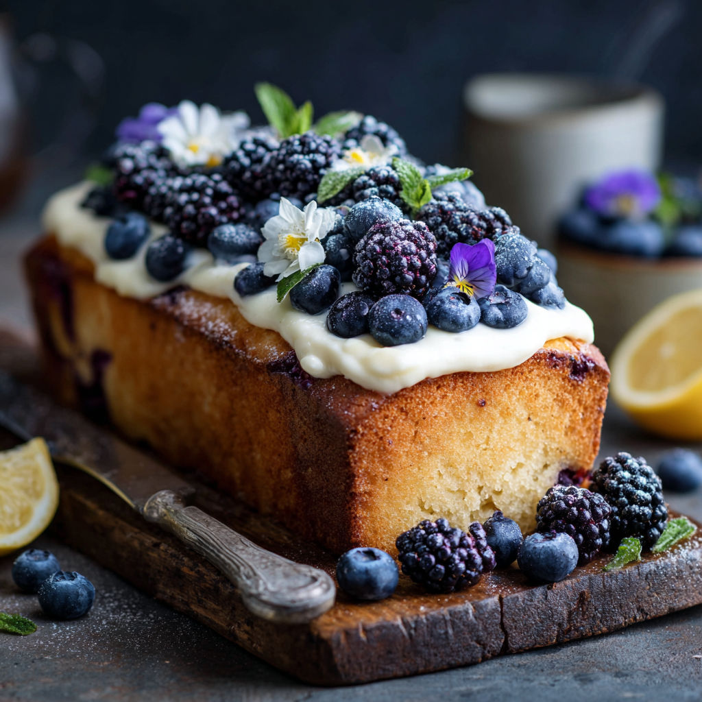 A cake with blueberries and lemon slices on top.