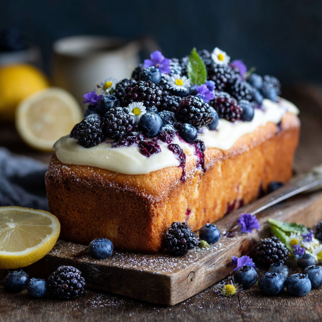 A cake with blueberries and lemon on top.