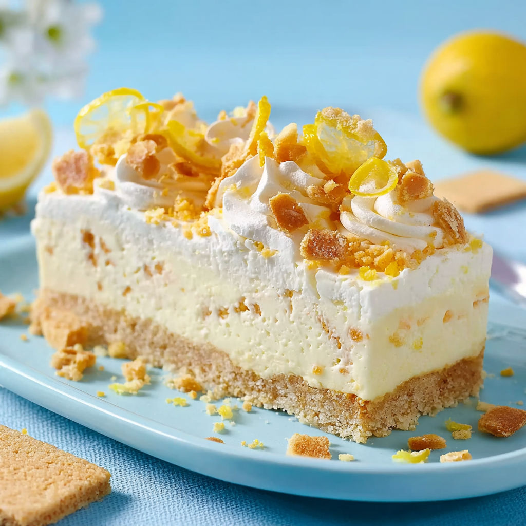 A slice of lemon cake with yellow and white frosting.