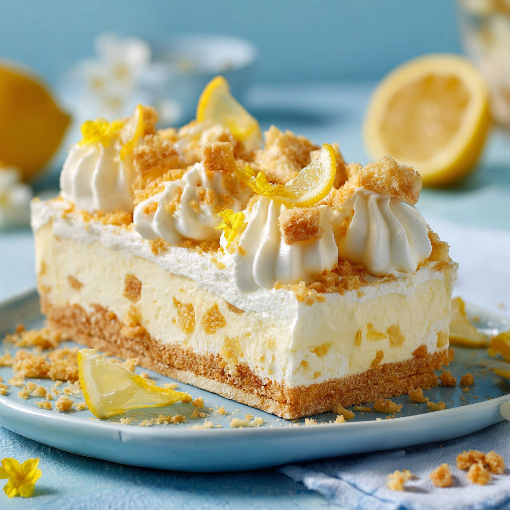 A slice of lemon cake with white frosting.