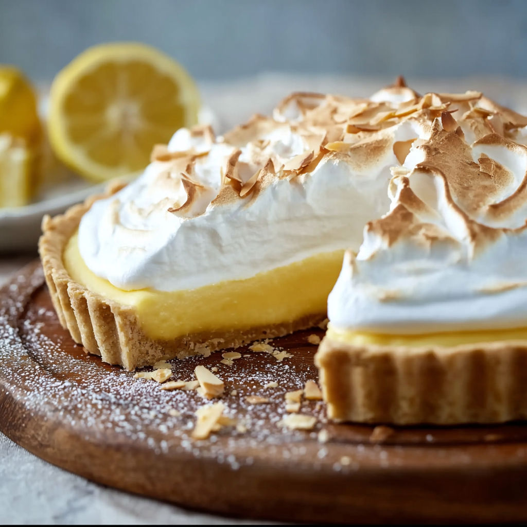 A slice of lemon meringue pie with whipped cream on top.