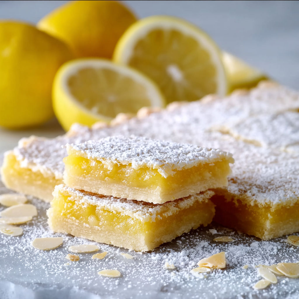 A plate of lemon squares with lemon wedges on the side.