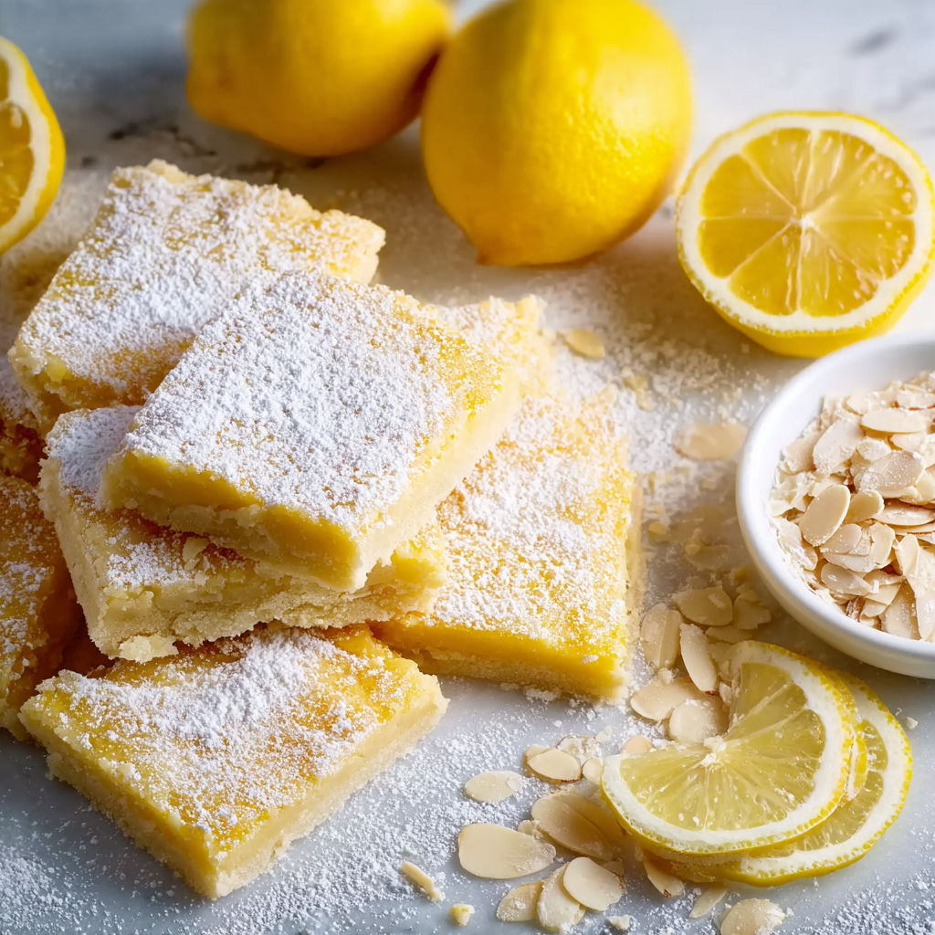 A plate of lemon squares with powdered sugar on top.