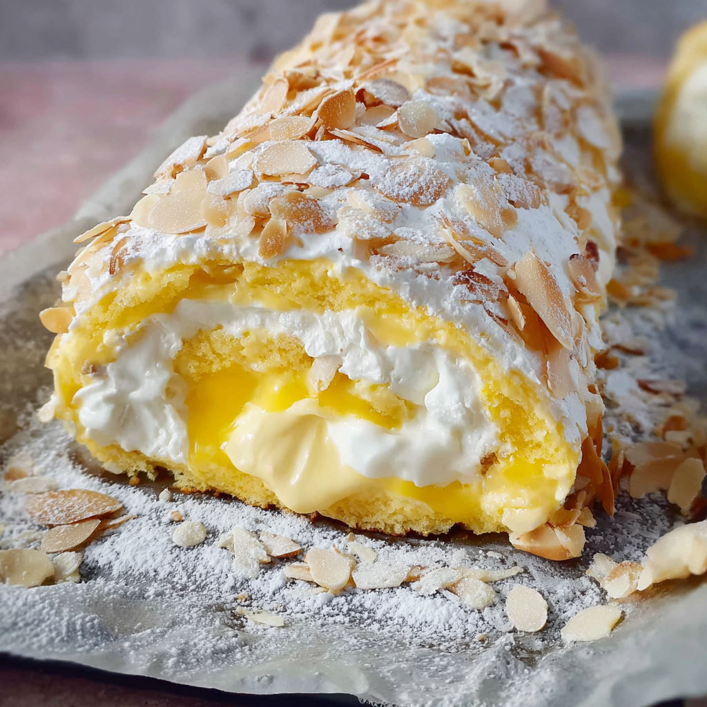 A zitronen baiserrolle with white cream.
