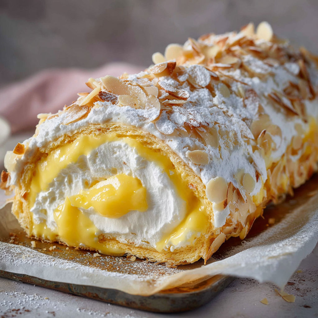 A zitronen baiserrolle with white cream and almonds.