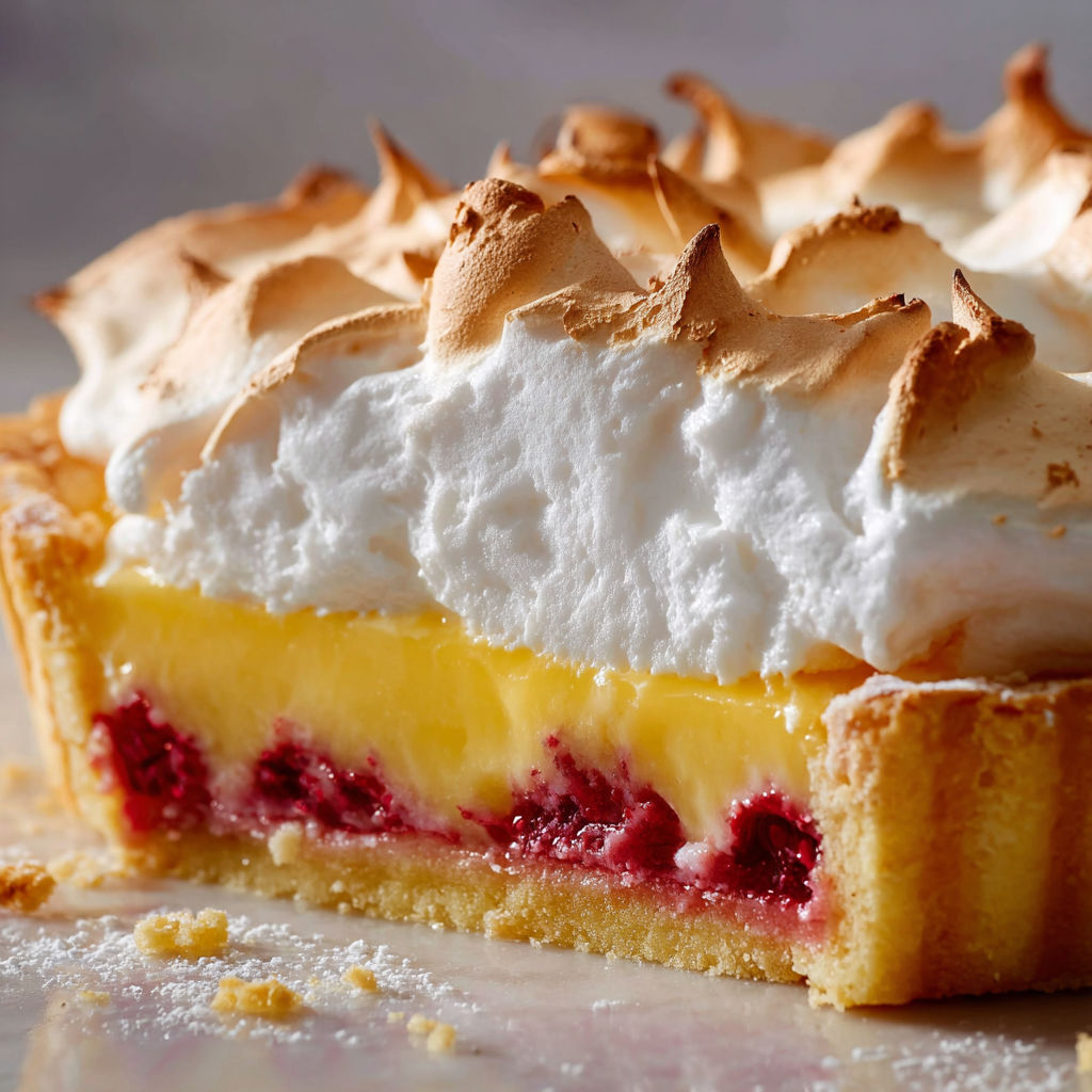 A slice of a zitronen-Himbeer-Baiser-Tarte.