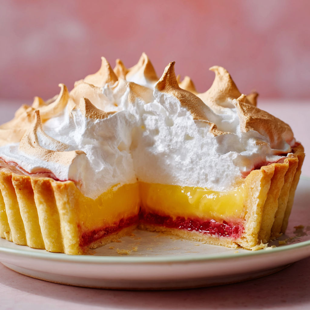 A slice of a zitronen-himbeer-baiser-tarte.